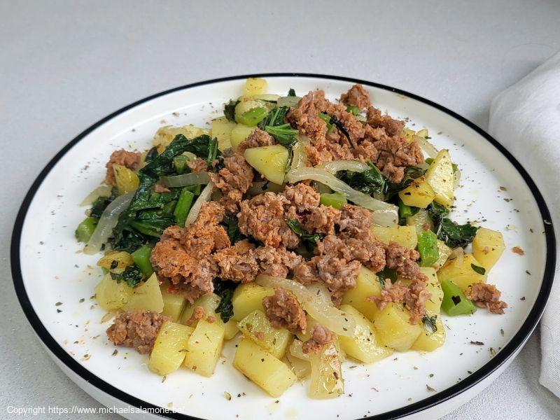 Dés de navets sautés, cime di rapa et chair à saucisse (1)